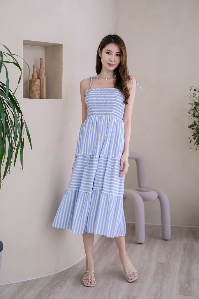 Carravine Smocked Tie-Strap Tiered Dress - Blue Stripes [XS/S/M/L/XL]