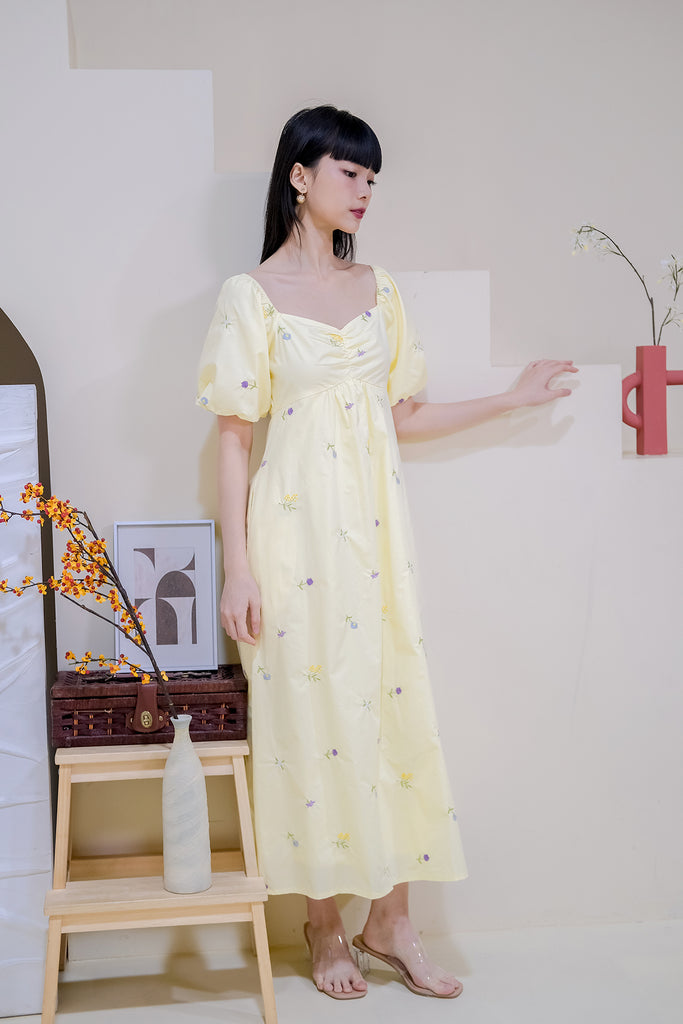 Darlie Embroidery Puffy Sleeves Maxi Dress - Yellow [XS/S/M/L/XL]