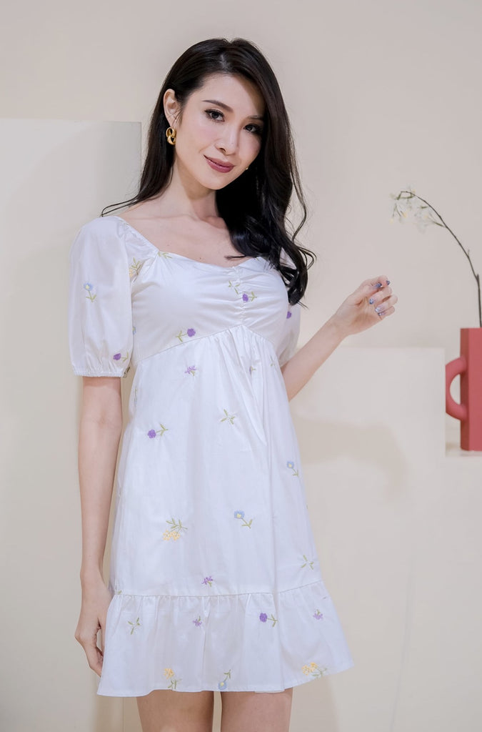 Darlie Embroidery Puffy Sleeves Dress Romper - White [XS/S/M/L/XL]