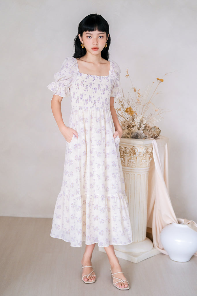 Rosie Smocked Puffy Sleeves Midi Dress - Cream [XS/S/M/L/XL]