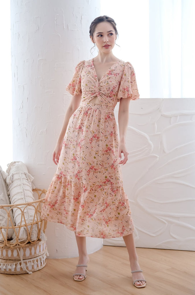 Spring Bloom Twist Knot Cut-Out Maxi Dress - Pink Floral  [XS/S/M/L/XL]
