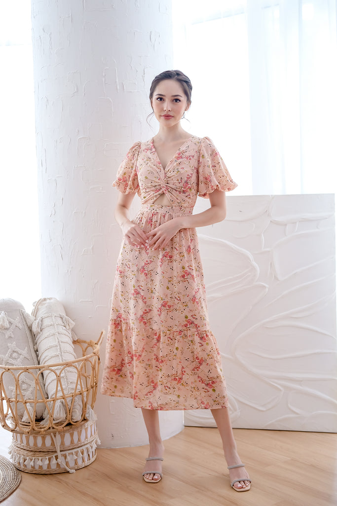 Spring Bloom Twist Knot Cut-Out Maxi Dress - Pink Floral  [XS/S/M/L/XL]