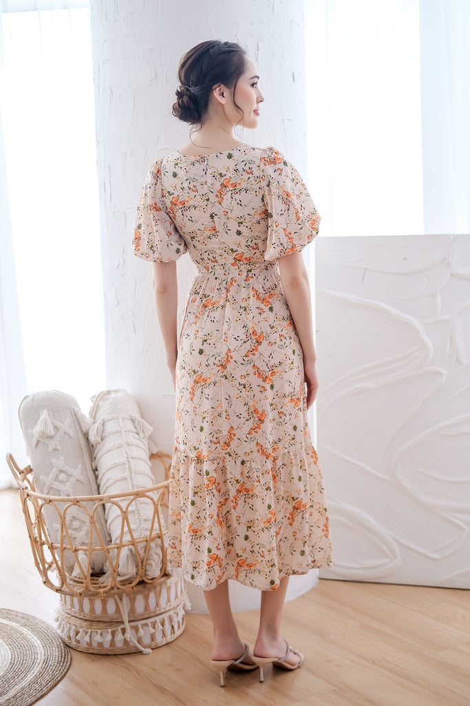 Spring Bloom Twist Knot Cut-Out Maxi Dress - Orange Floral  [XS/S/M/L/XL]