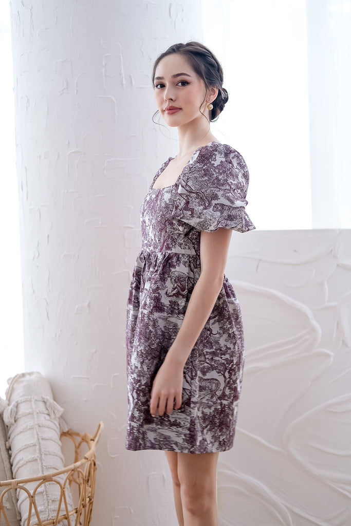 Toile De Jouy Jacquard Puffy Sleeves Doll Dress - Wine [XS/S/M/L/XL]