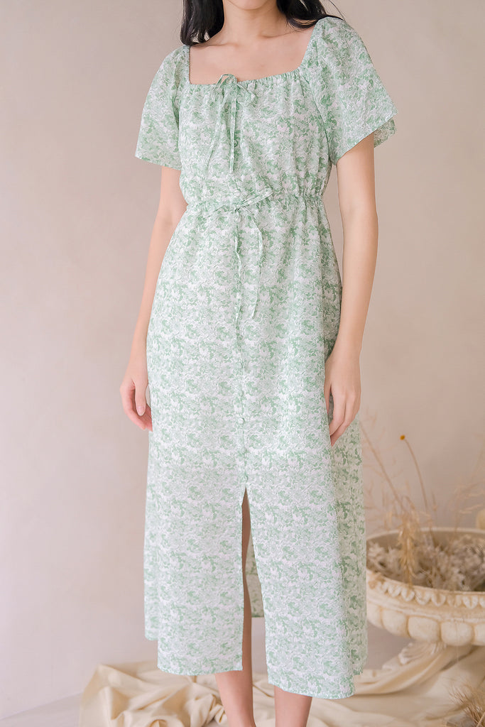 Devina Abstract Textured Tie Midi Dress - Green [XS/S/M/L/XL]