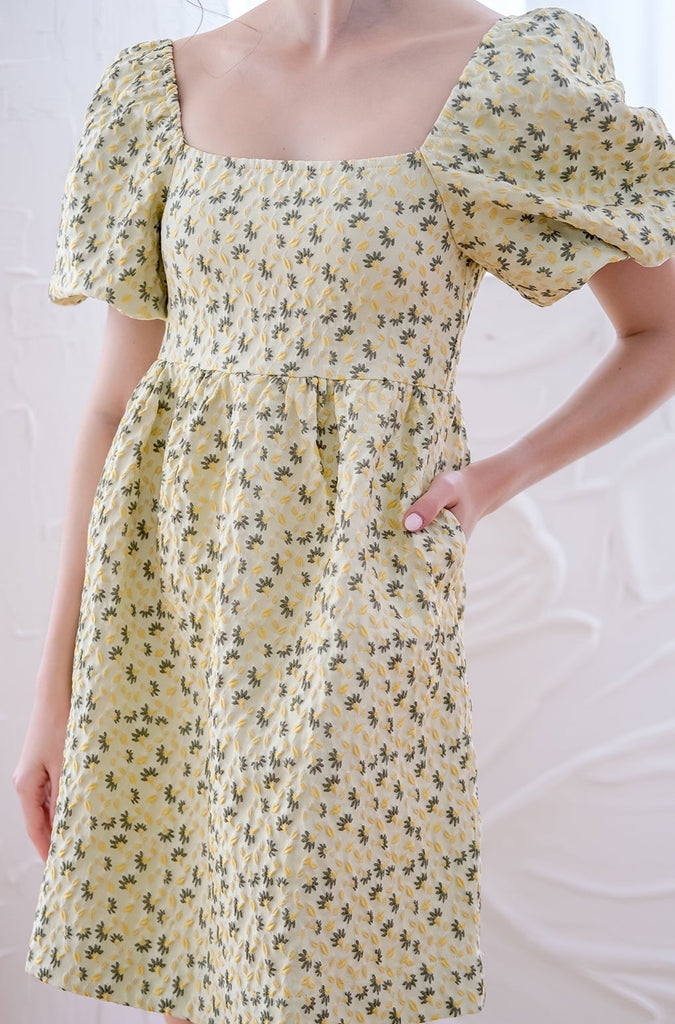 Vanda Jacquard Puffy Sleeves Doll Dress - Yellow [XS/S/M/L/XL]