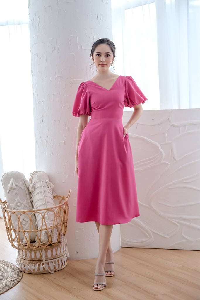 D'angelo Padded Bow Low Back Midi Dress - Hot Pink [XS/S/M/L/XL]