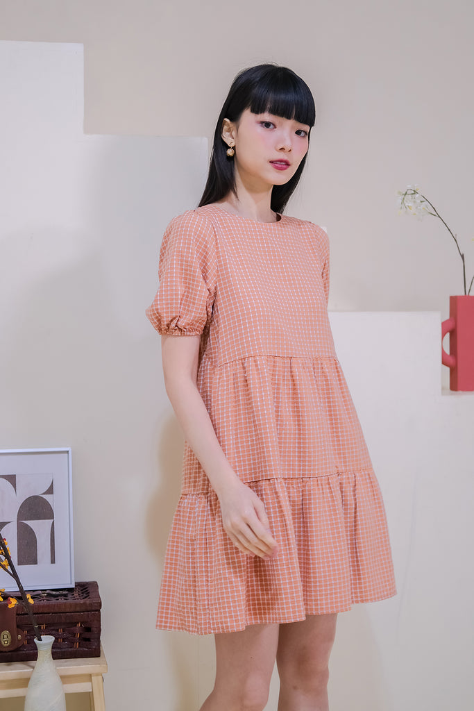 Gianna Grid Embroidery Tier Babydoll Dress - Orange [XS/S/M/L/XL]