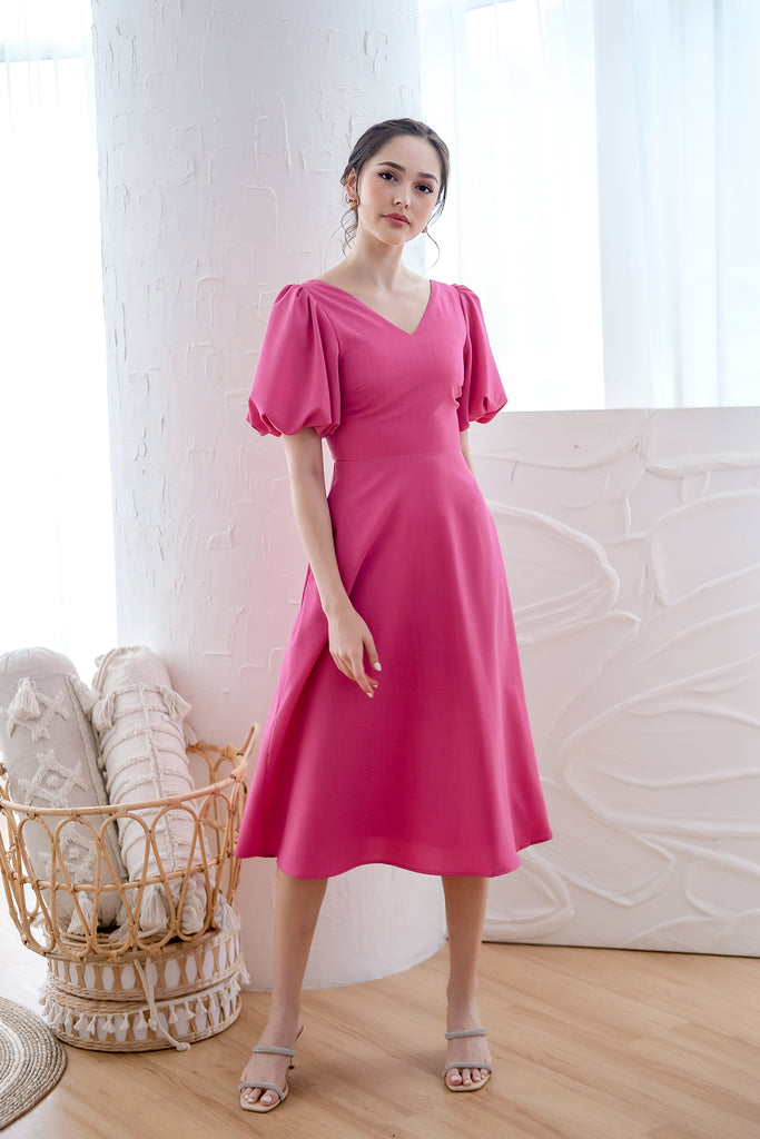 D'angelo Padded Bow Low Back Midi Dress - Hot Pink [XS/S/M/L/XL]