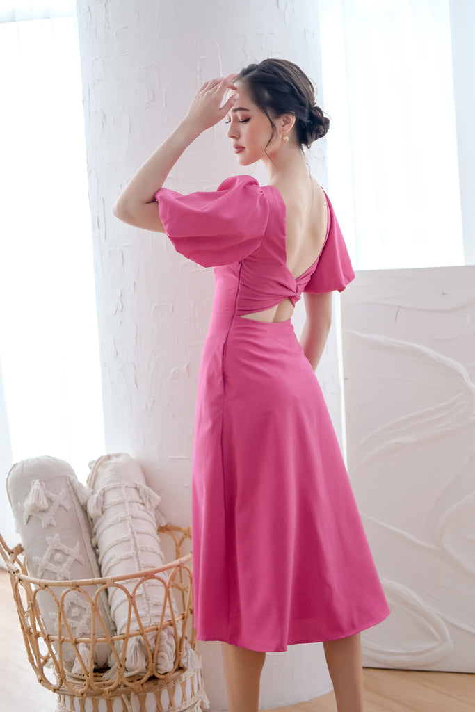 D'angelo Padded Bow Low Back Midi Dress - Hot Pink [XS/S/M/L/XL]