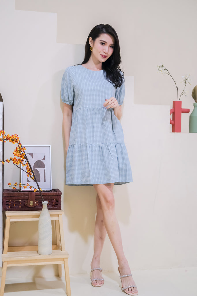 Gianna Grid Embroidery Tier Babydoll Dress - Baby Blue [XS/S/M/L/XL]