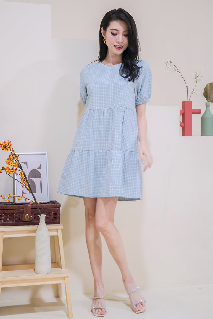 Gianna Grid Embroidery Tier Babydoll Dress - Baby Blue [XS/S/M/L/XL]
