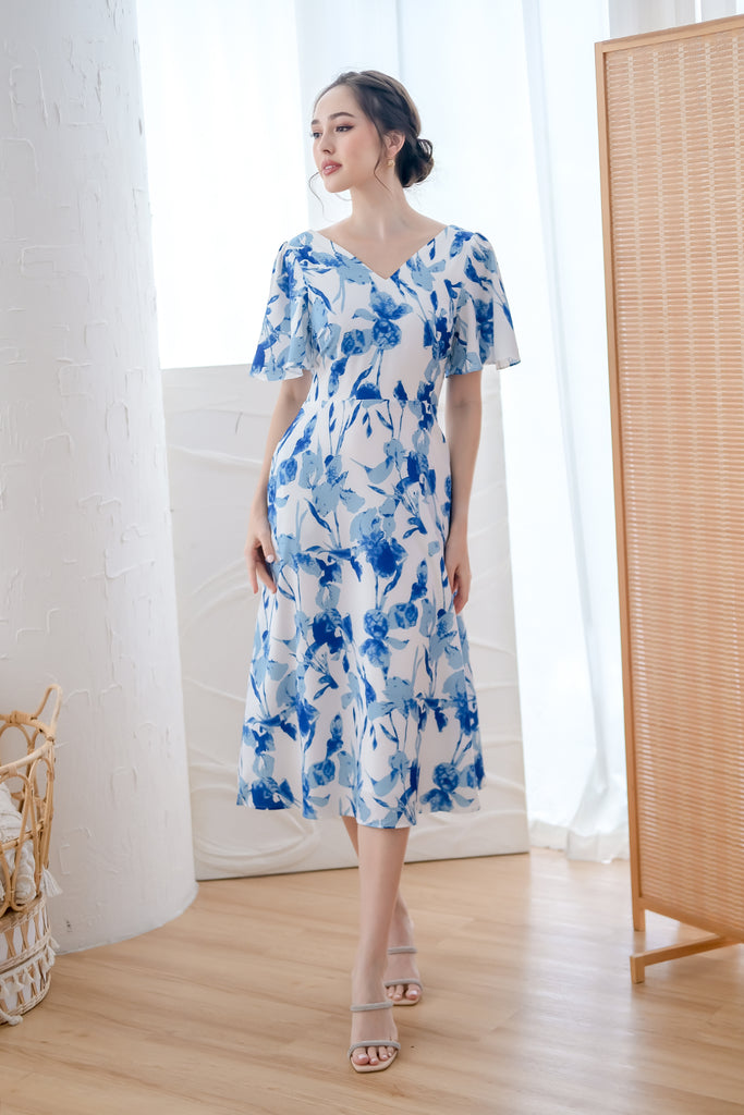 Dita Padded Bow Low Back Midi Dress - Blue Floral [XS/S/M/L/XL]
