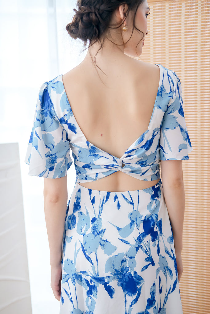 Dita Padded Bow Low Back Midi Dress - Blue Floral [XS/S/M/L/XL]
