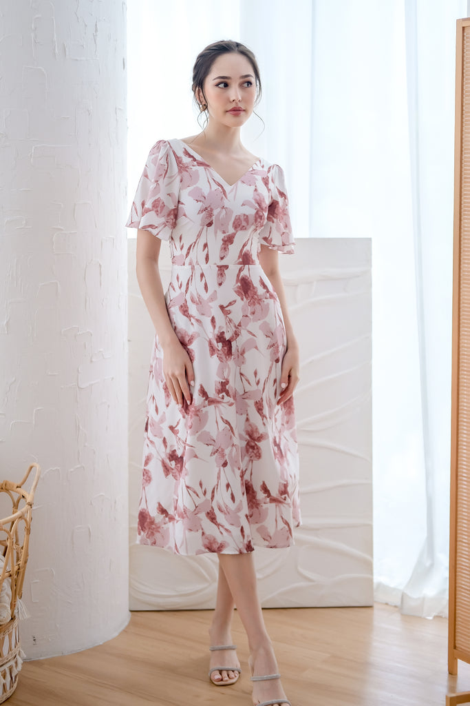Dita Padded Bow Low Back Midi Dress - Wine Floral [XS/S/M/L/XL]