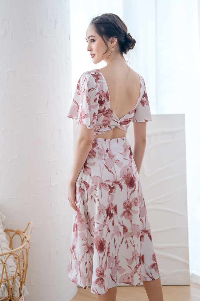 Dita Padded Bow Low Back Midi Dress - Wine Floral [XS/S/M/L/XL]