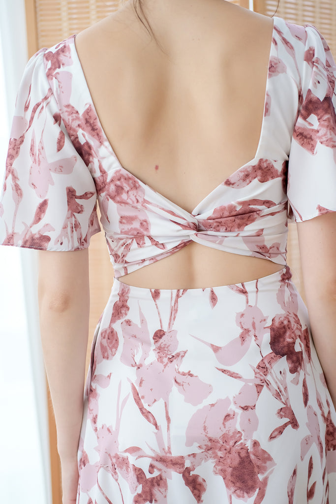 Dita Padded Bow Low Back Midi Dress - Wine Floral [XS/S/M/L/XL]