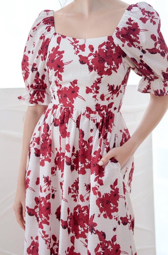 Machesa Puffy Sleeves Midi Dress - Red Floral [XS/S/M/L/XL]
