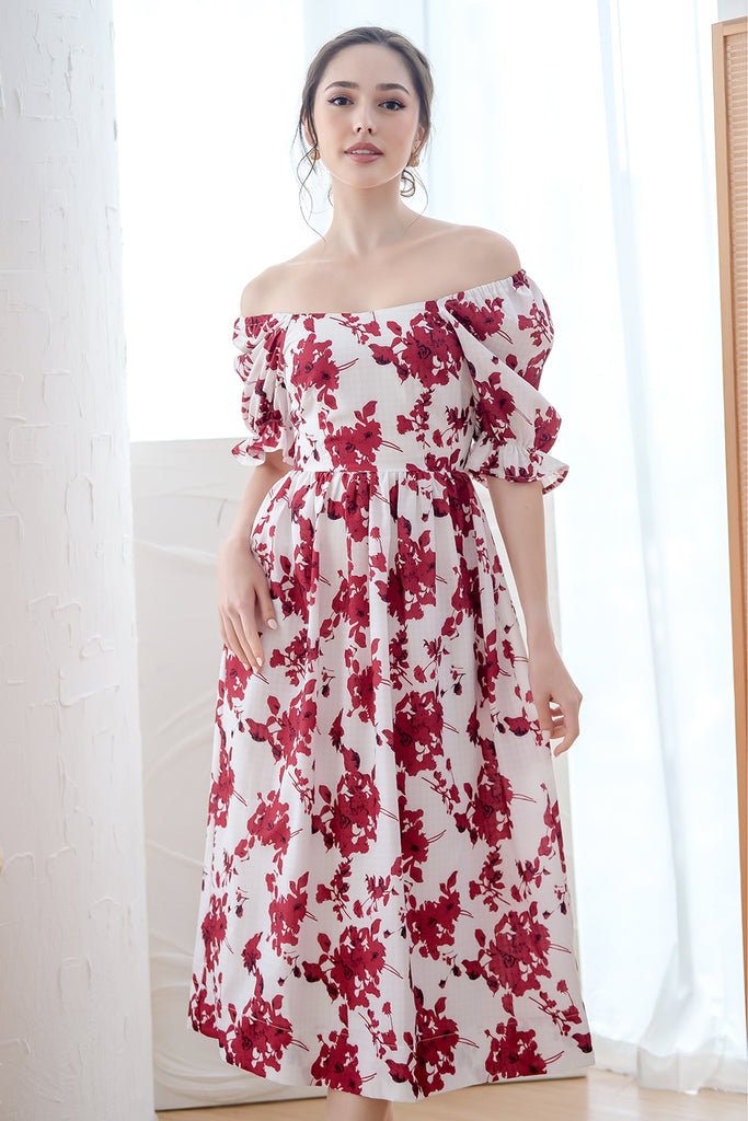 Machesa Puffy Sleeves Midi Dress - Red Floral [XS/S/M/L/XL]