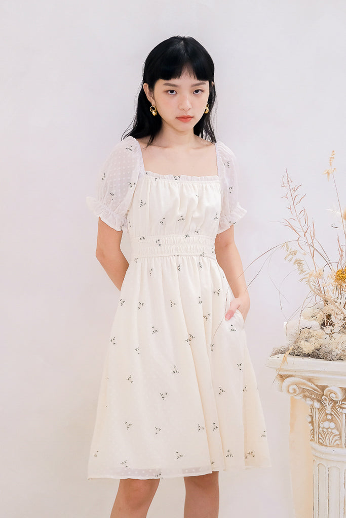 Carpe Diem Embroidery Ruche Dress - Cream [XS/S/M/L/XL]
