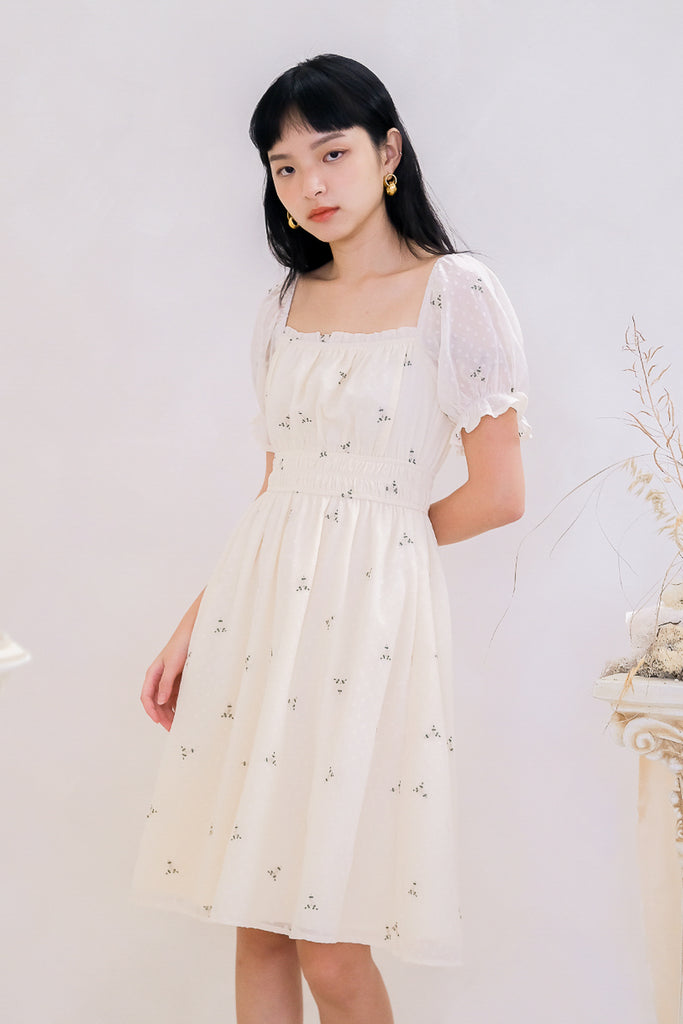 Carpe Diem Embroidery Ruche Dress - Cream [XS/S/M/L/XL]