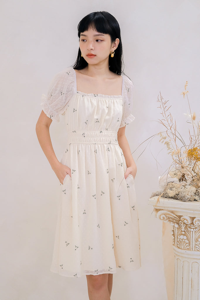Carpe Diem Embroidery Ruche Dress - Cream [XS/S/M/L/XL]