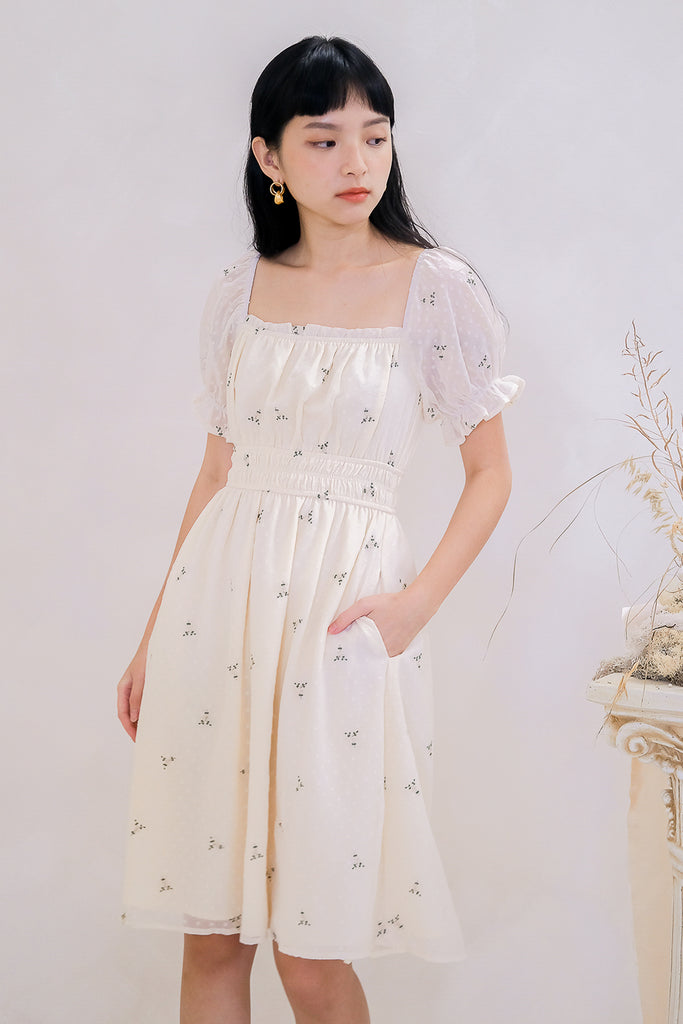 Carpe Diem Embroidery Ruche Dress - Cream [XS/S/M/L/XL]
