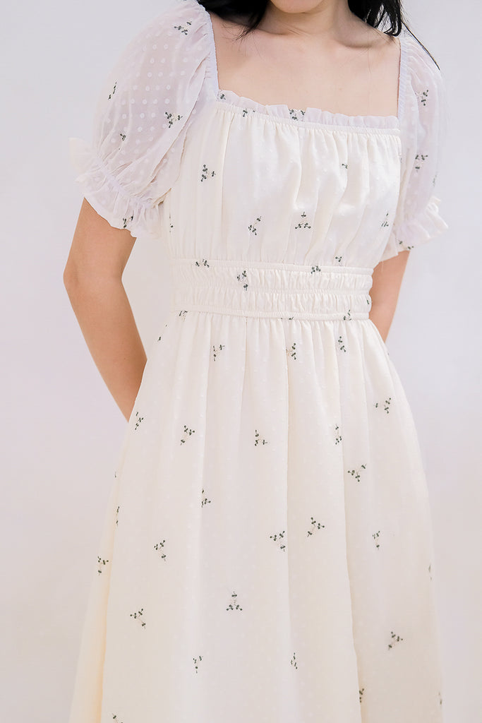 Carpe Diem Embroidery Ruche Dress - Cream [XS/S/M/L/XL]