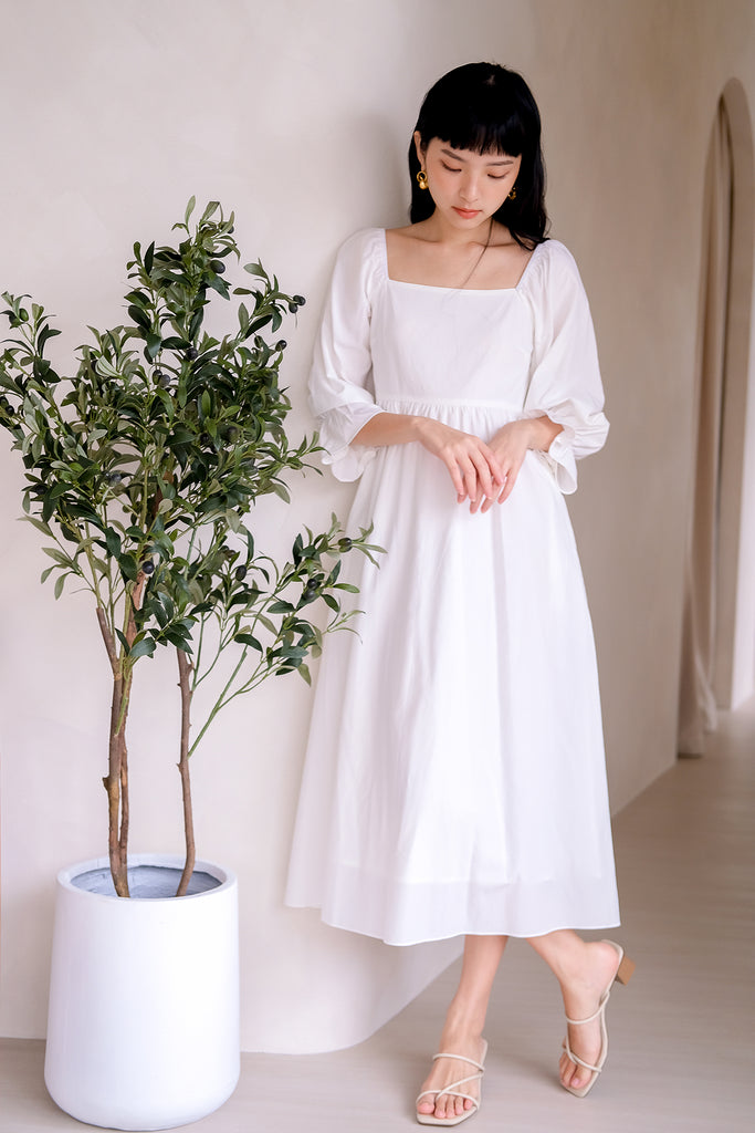 Fay Puffy Sleeves Midi Dress - White [XS/S/M/L/XL]