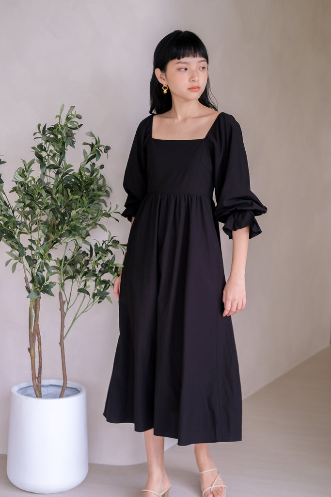 Fay Puffy Sleeves Midi Dress - Black [XS/S/M/L/XL]