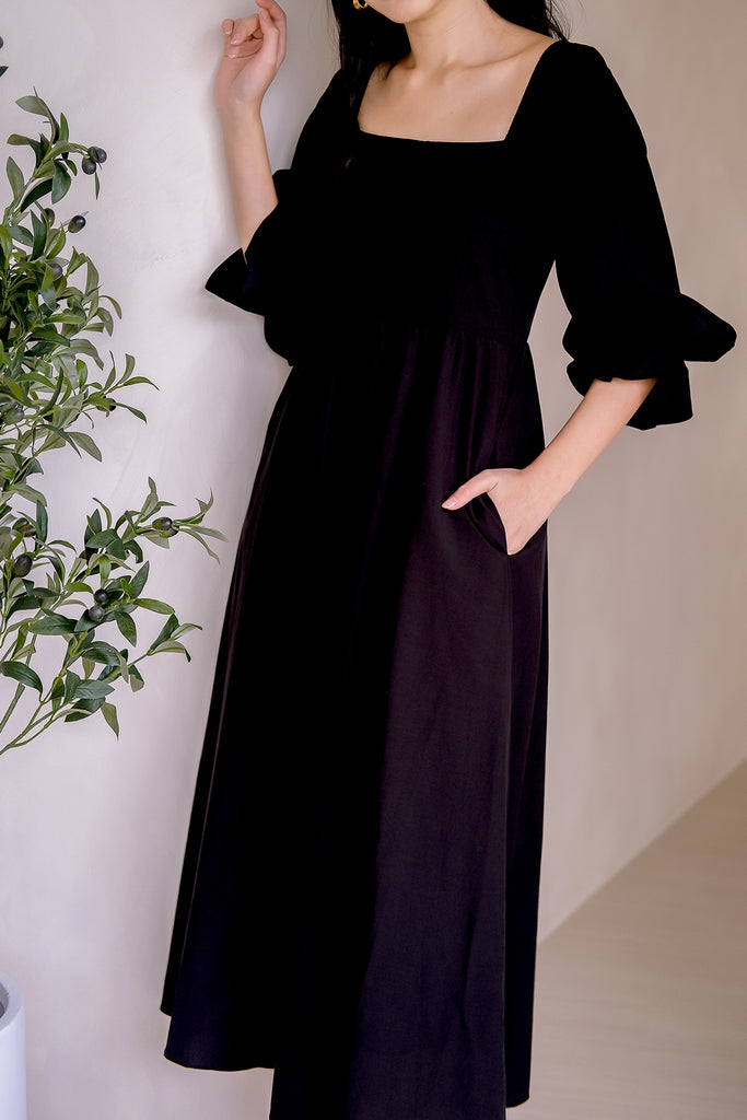Fay Puffy Sleeves Midi Dress - Black [XS/S/M/L/XL]