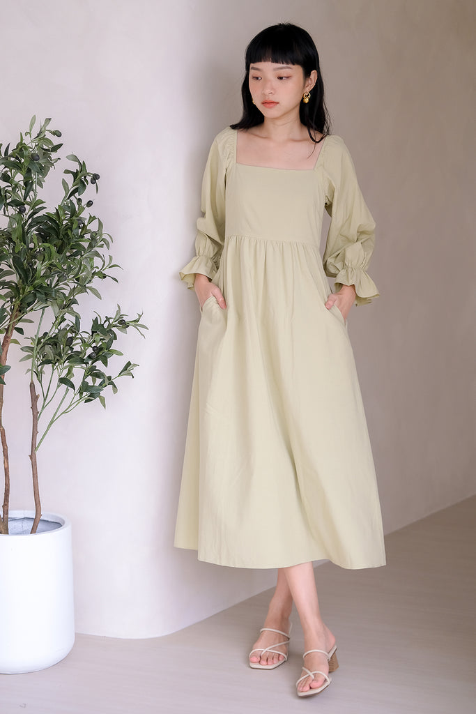 Fay Puffy Sleeves Midi Dress - Pistachio [XS/S/M/L/XL]