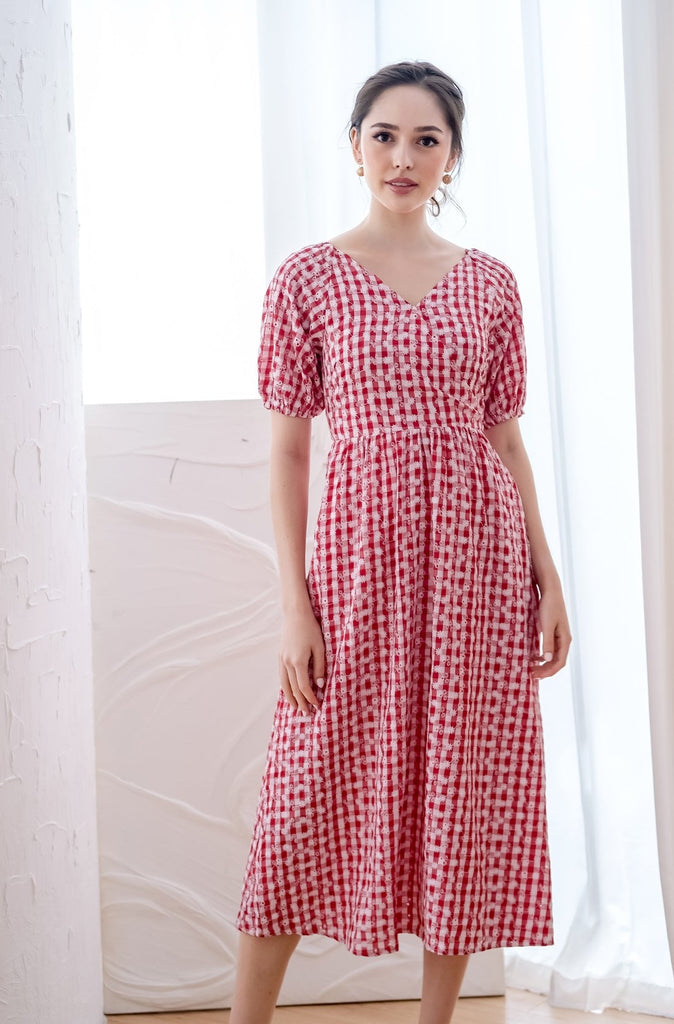 Kaisha Gingham Broidery Midi Dress - Red [XS/S/M/L/XL]