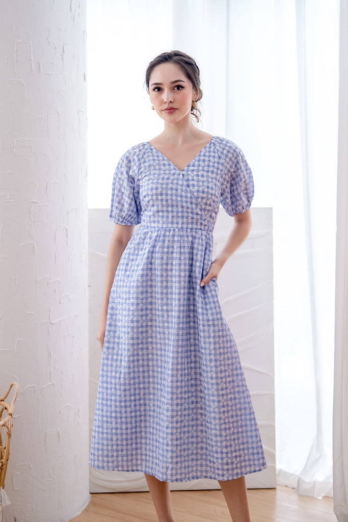 Kaisha Gingham Broidery Midi Dress - Baby Blue [XS/S/M/L/XL]