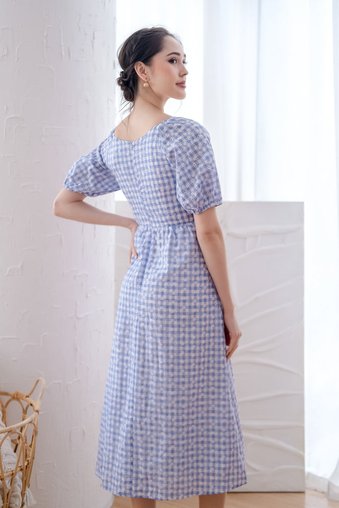 Kaisha Gingham Broidery Midi Dress - Baby Blue [XS/S/M/L/XL]