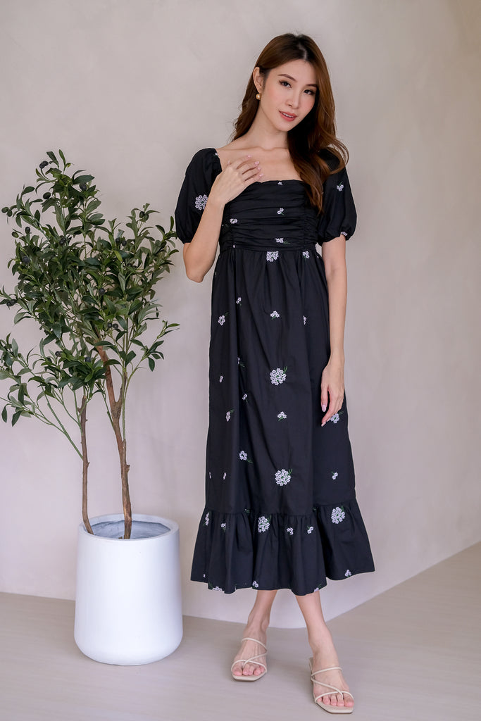 Dreya Embroidery Ruche Dress - Black [XS/S/M/L/XL]