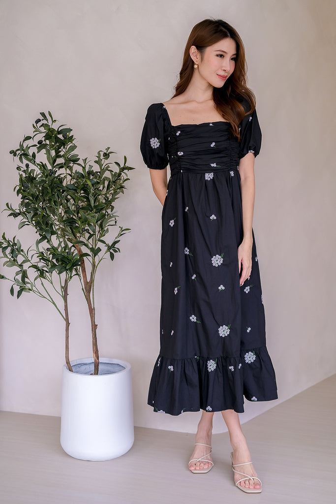 Dreya Embroidery Ruche Dress - Black [XS/S/M/L/XL]