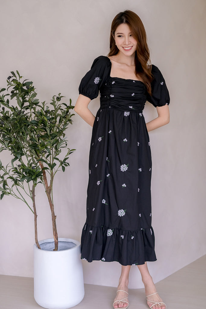 Dreya Embroidery Ruche Dress - Black [XS/S/M/L/XL]