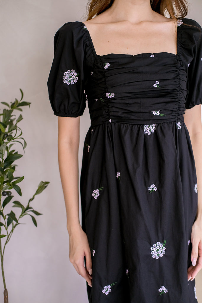 Dreya Embroidery Ruche Dress - Black [XS/S/M/L/XL]