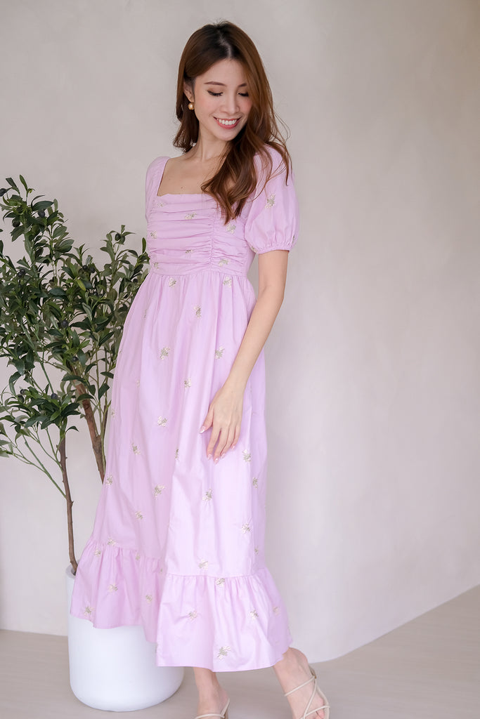 Dreya Embroidery Ruche Dress - Lilac Pink [XS/S/M/L/XL]