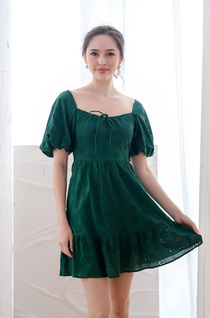 Debbie Eyelet Puffy Sleeves Dress Romper - Forest Green [XS/S/M/L/XL]
