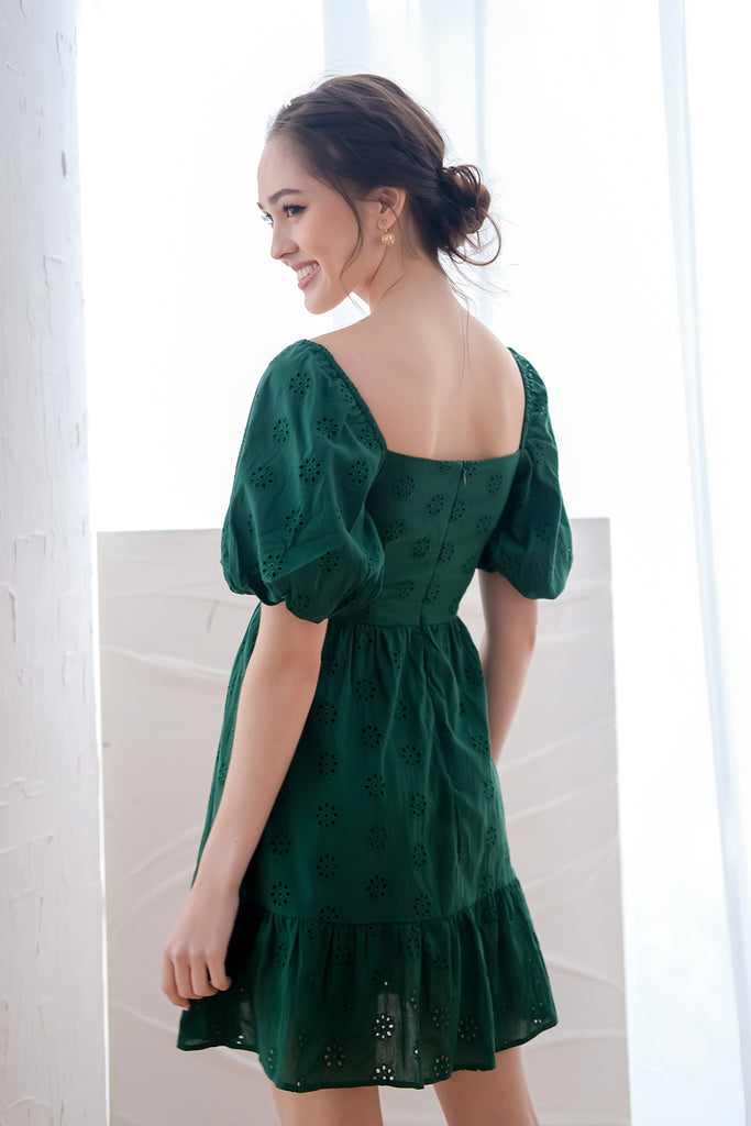 Debbie Eyelet Puffy Sleeves Dress Romper - Forest Green [XS/S/M/L/XL]