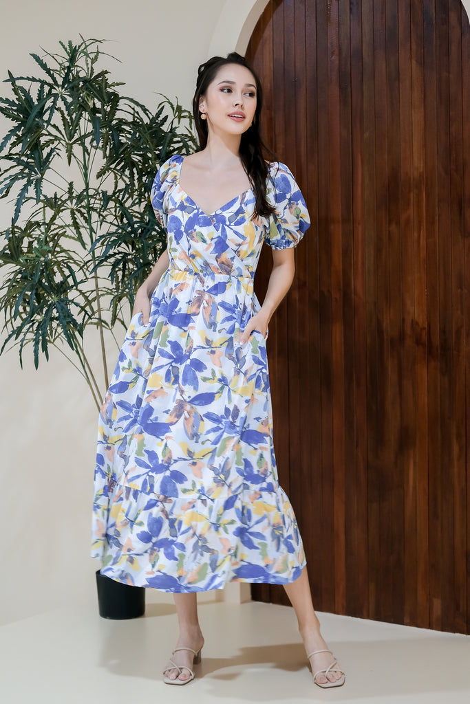 Valen Puffy Sleeves Ruffle Hem Dress - Blue Floral [XS/S/M/L/XL]