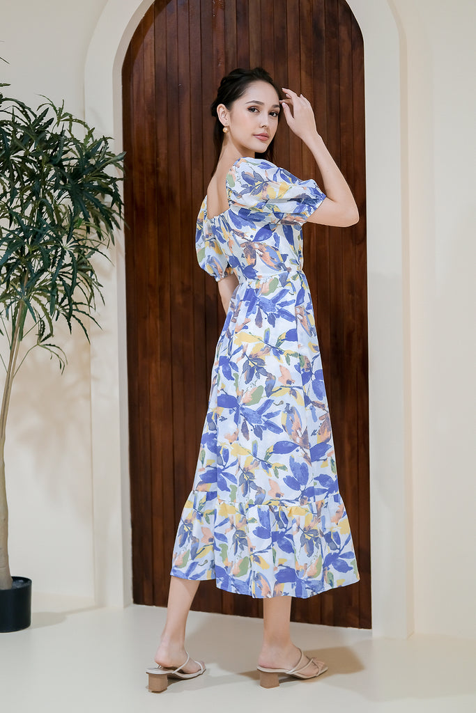 Valen Puffy Sleeves Ruffle Hem Dress - Blue Floral [XS/S/M/L/XL]