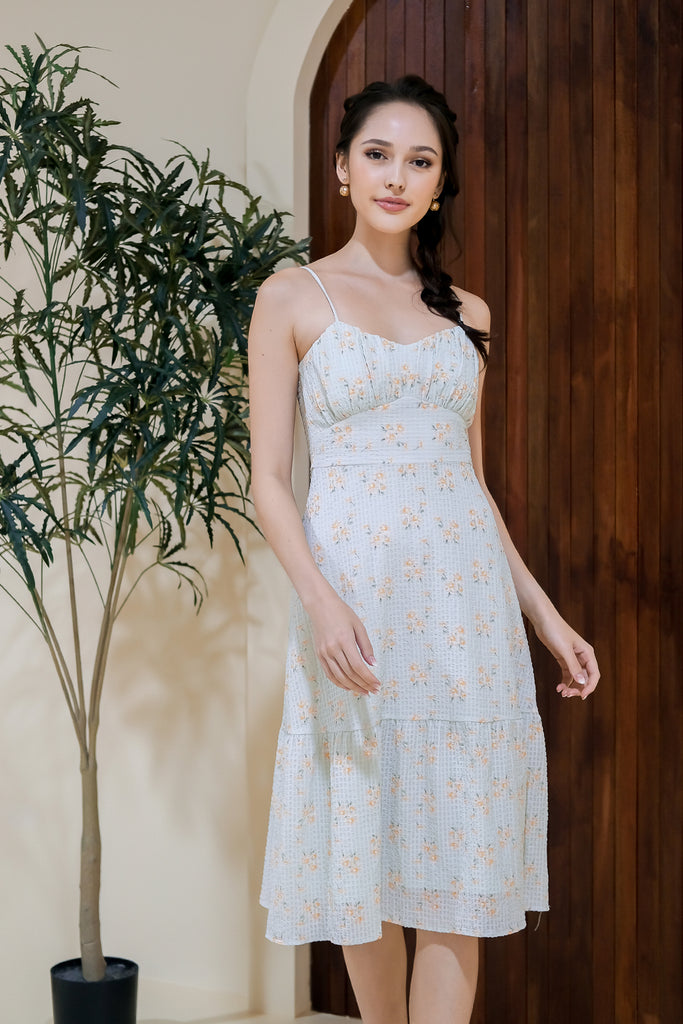 Jacinda Floral Grid Spag Ruche Dress -  Mint [XS/S/M/L/XL]