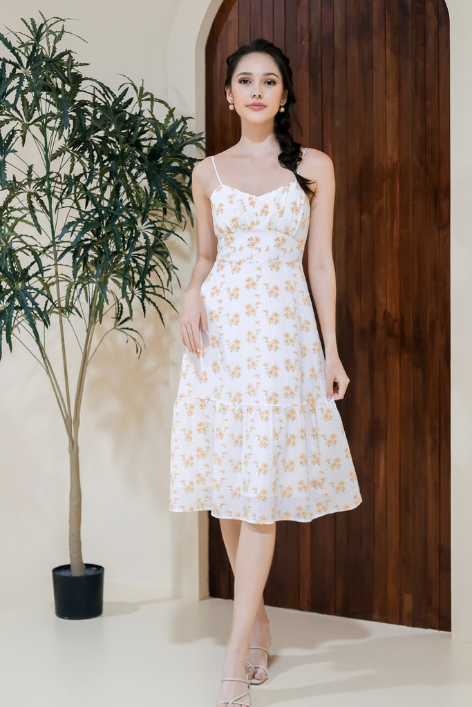 Jacinda Floral Grid Spag Ruche Dress -  White [XS/S/M/L/XL]