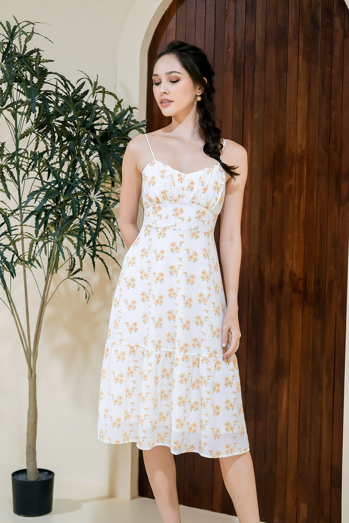 Jacinda Floral Grid Spag Ruche Dress -  White [XS/S/M/L/XL]