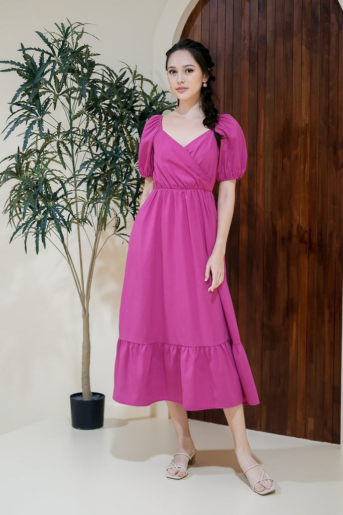Restock: Valen Puffy Sleeves Ruffle Hem Dress - Hot Pink [XS/S/M/L/XL]