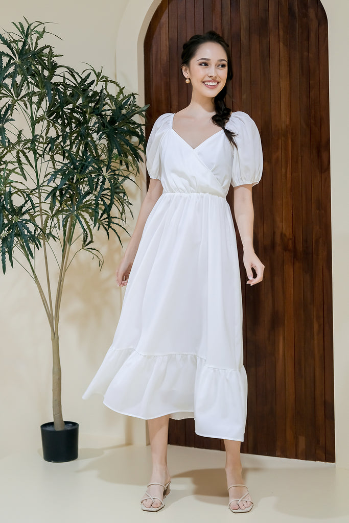 Valen Puffy Sleeves Ruffle Hem Dress - White [XS/S/M/L/XL]