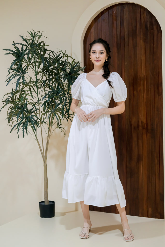 Valen Puffy Sleeves Ruffle Hem Dress - White [XS/S/M/L/XL] – Diamond Mojitto